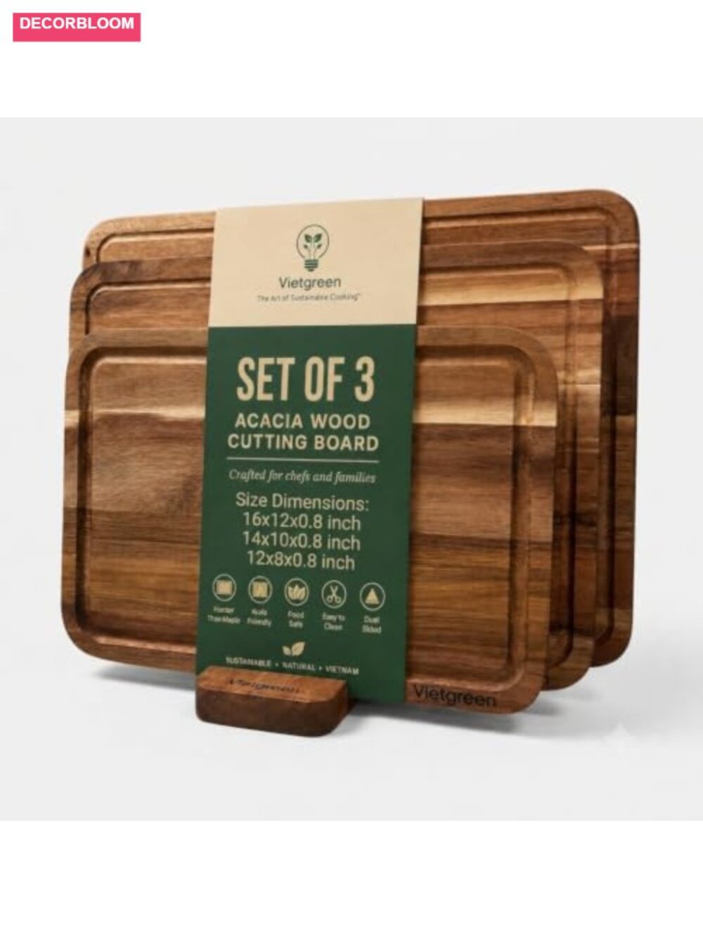 Acacia Wood Cutting Board Set of 3 with Stand Edge Grain Charcuterie